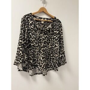 Chico's Womens Size 2 Large Leopard Print Peplum Top Bell Sleeve Stretch
